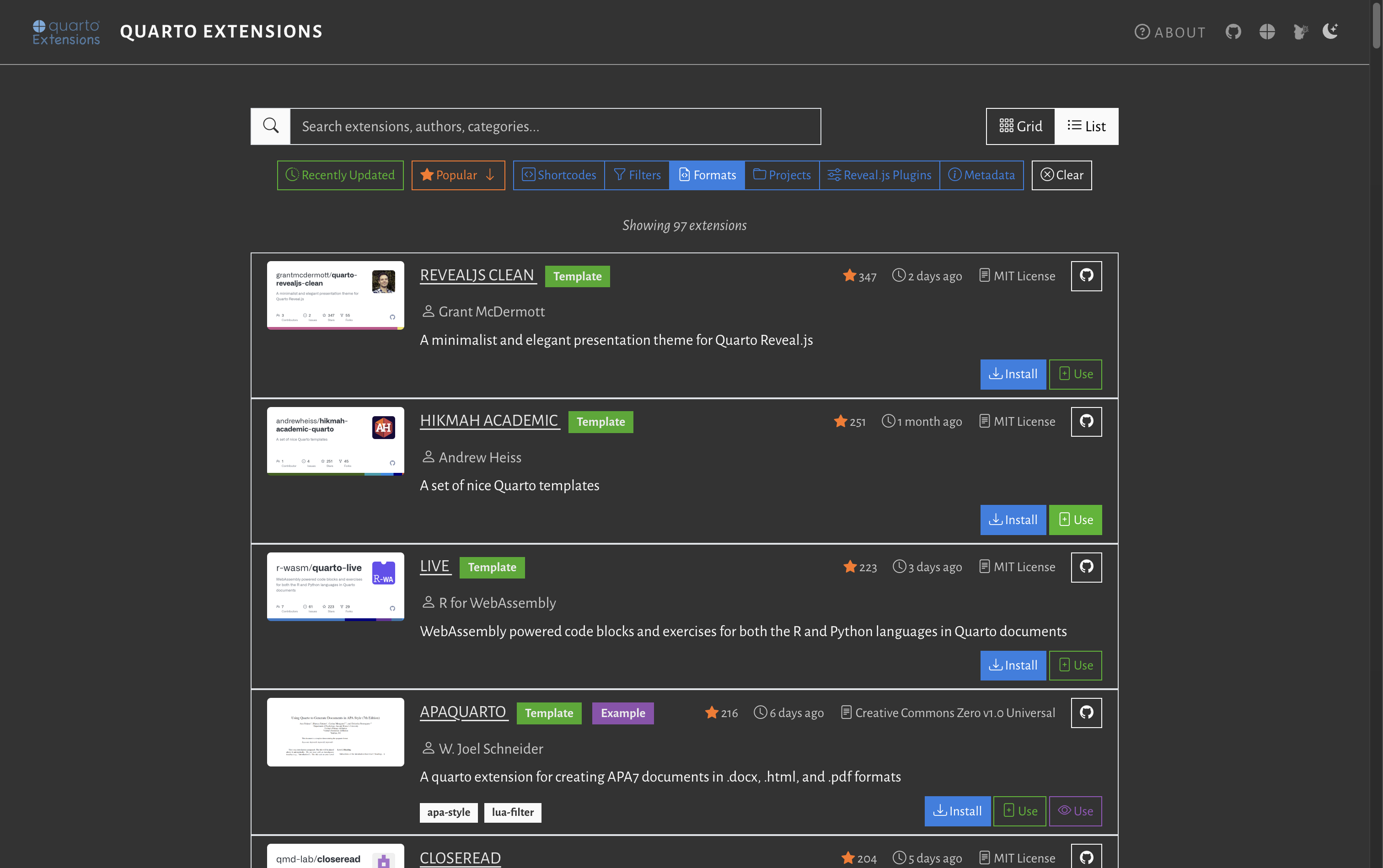 Mickaël CANOUIL's Quarto Extensions list view filtered by formats Quarto Extensions website in list view showing Template extensions with install and use buttons.